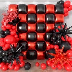 Hkyood 36Pcs Red And Black Square Foil Balloons Wall Backdrop 147Pcs Balloon
