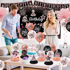 Rose Gold Birthday Decorations for Women – 37Pcs «Happy Queen» Party Kit with Ba