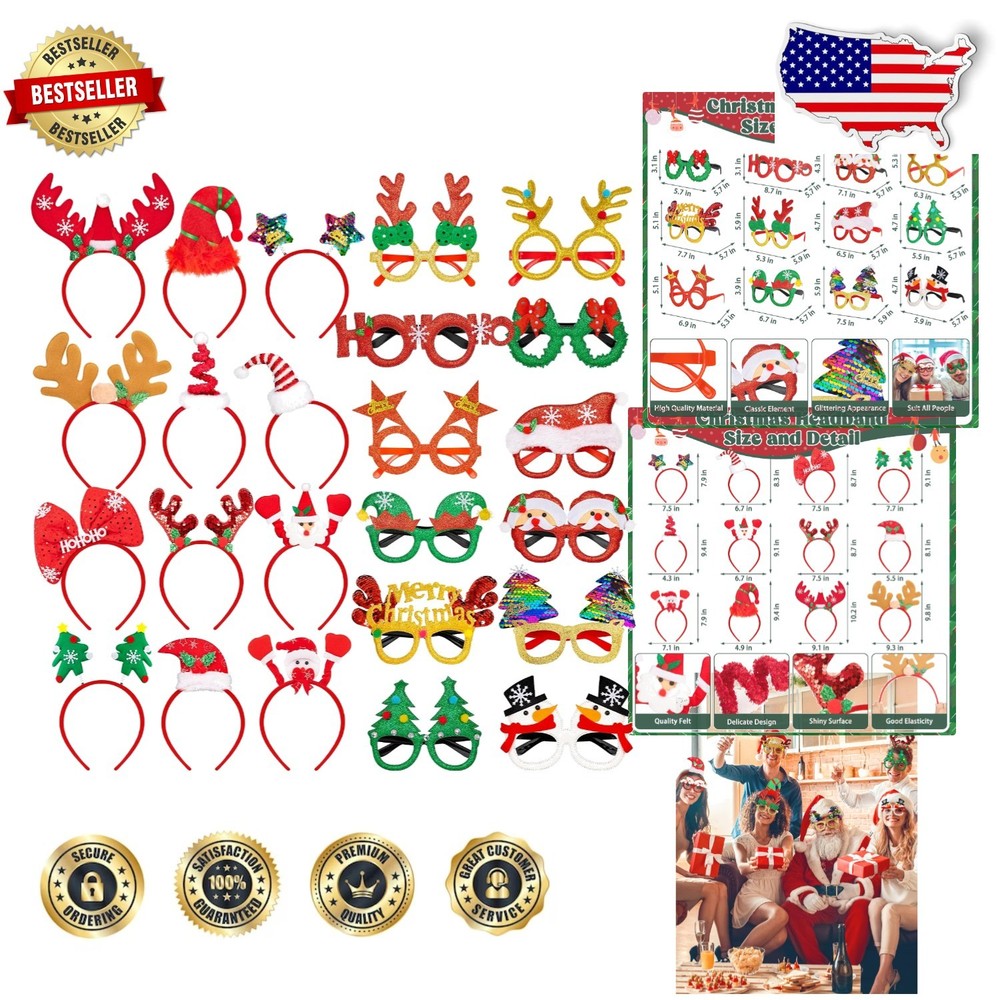 48ct Christmas Party Glasses & Headbands – 24 Unique Festive Designs