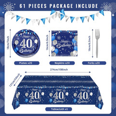 40th Birthday Decorations for Men,61Pcs Blue Silver 40th Birthday Decorations Ta