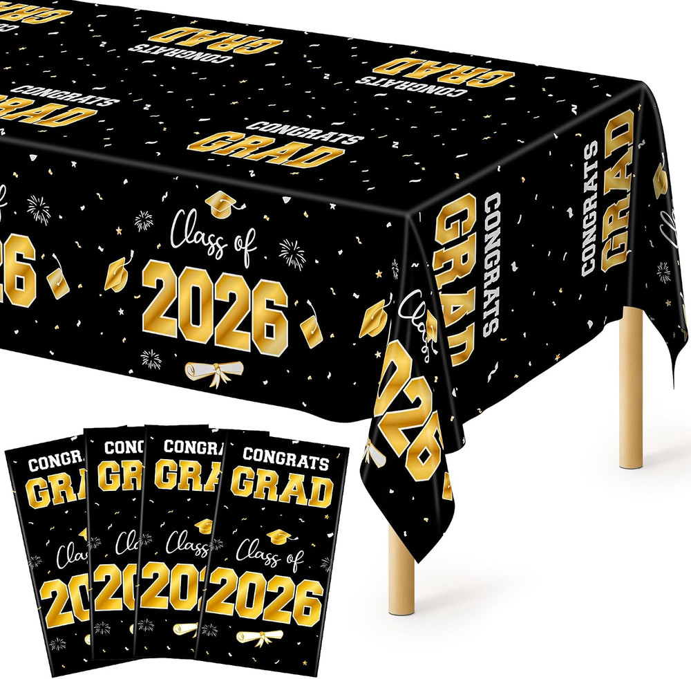 4 Pack Graduation Decorations, 54″ x 108″ Black and Gold Rectangle Graduation Ta