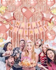 Rose Gold Birthday Party Decorations Kit Banner Balloons Backdrop Set
