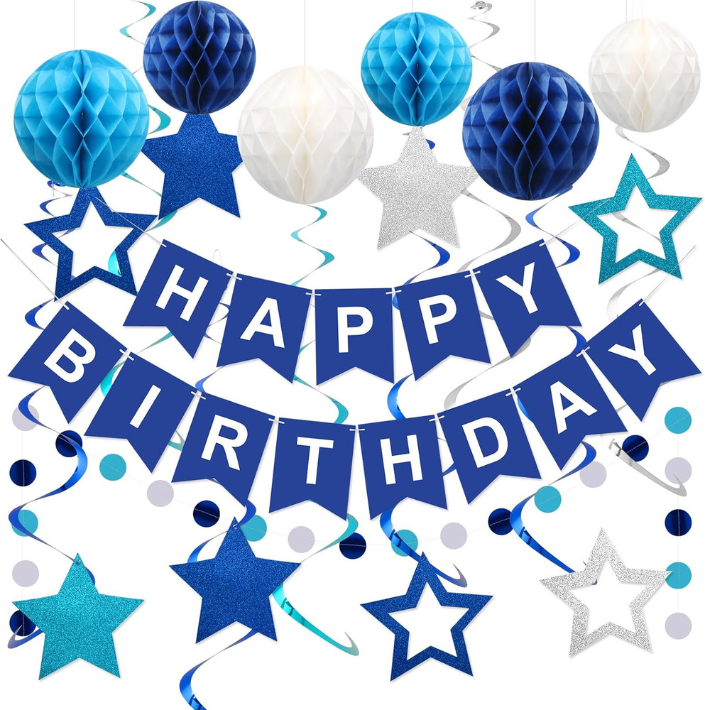 Happy Birthday Party Decorations Set Banner Honeycomb Balls Blue Star Decor Kit