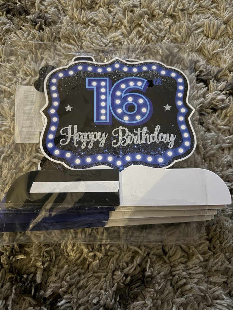 16th Birthday Party Decoration Sign Black Blue White Paper Words Theme Kids