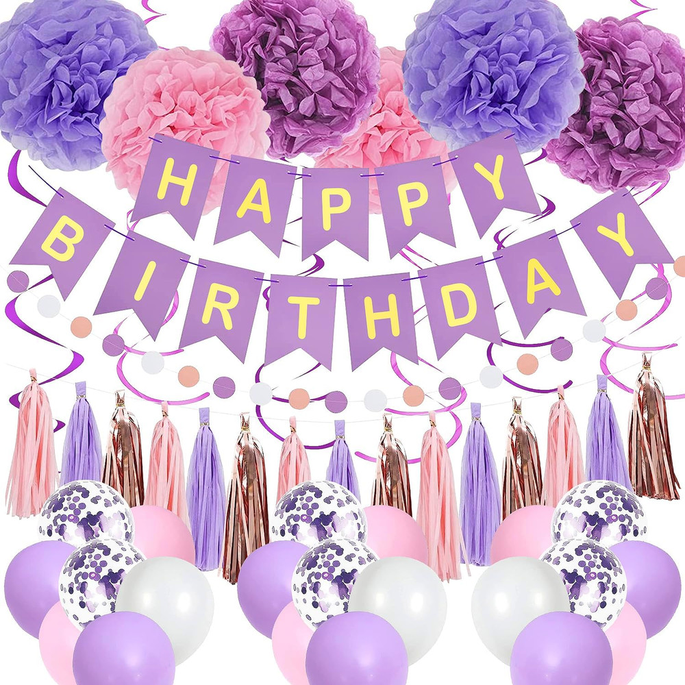 Purple Pink Birthday Party Decorations Set with Banner, Balloons, Garlands
