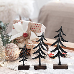 Set of 3 Black Metal Christmas Tree Tabletop Decorations with Flat Brown Wood Ba