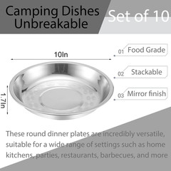 WUWEOT 10 Pack Stainless Steel Dinner Plates, 10″ Round Kitchen Metal Silver