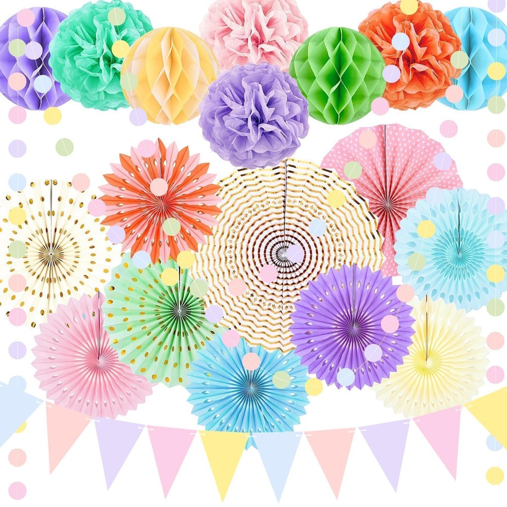 Pastel Party Decorations Macaron Rainbow Hanging Paper Fans Honeycomb 20PCS