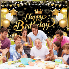 7X5Ft Happy Birthday Backdrop Banner – Black Gold Glitter Balloon Theme
