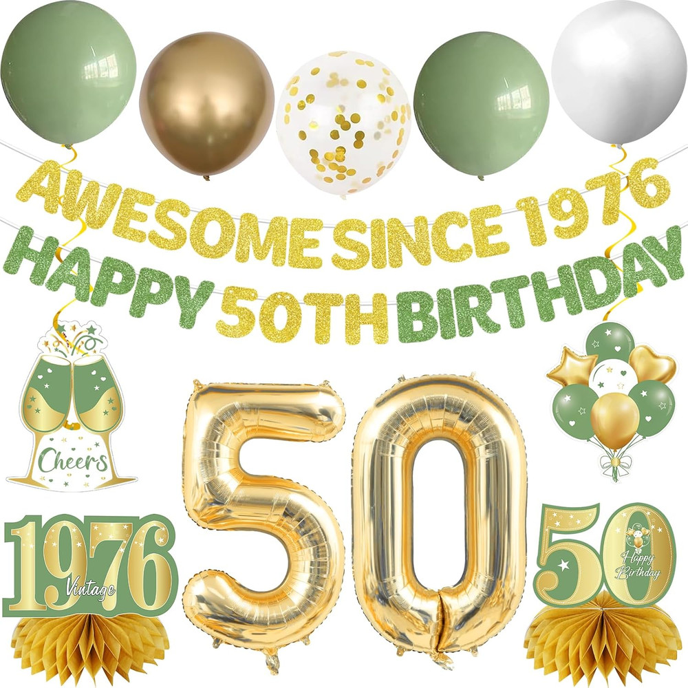 12Pcs 50Th Birthday Decorations Kit for Women Men, Sage Green Happy 50Th Birthda