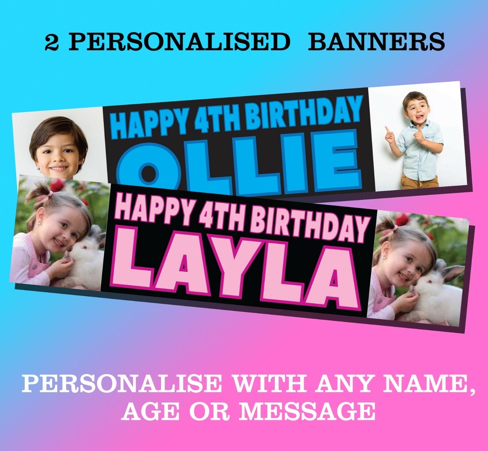 2 Personalised banners birthday photo anniversary christening black blue 1C