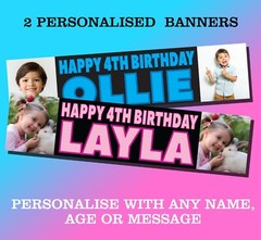 2 Personalised banners birthday photo anniversary christening black blue 1C