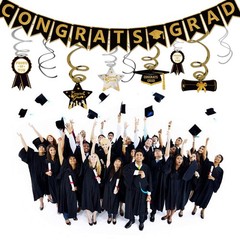 Graduation Hanging Swirl Banner Decorations, Black Gold Silver Star Banner