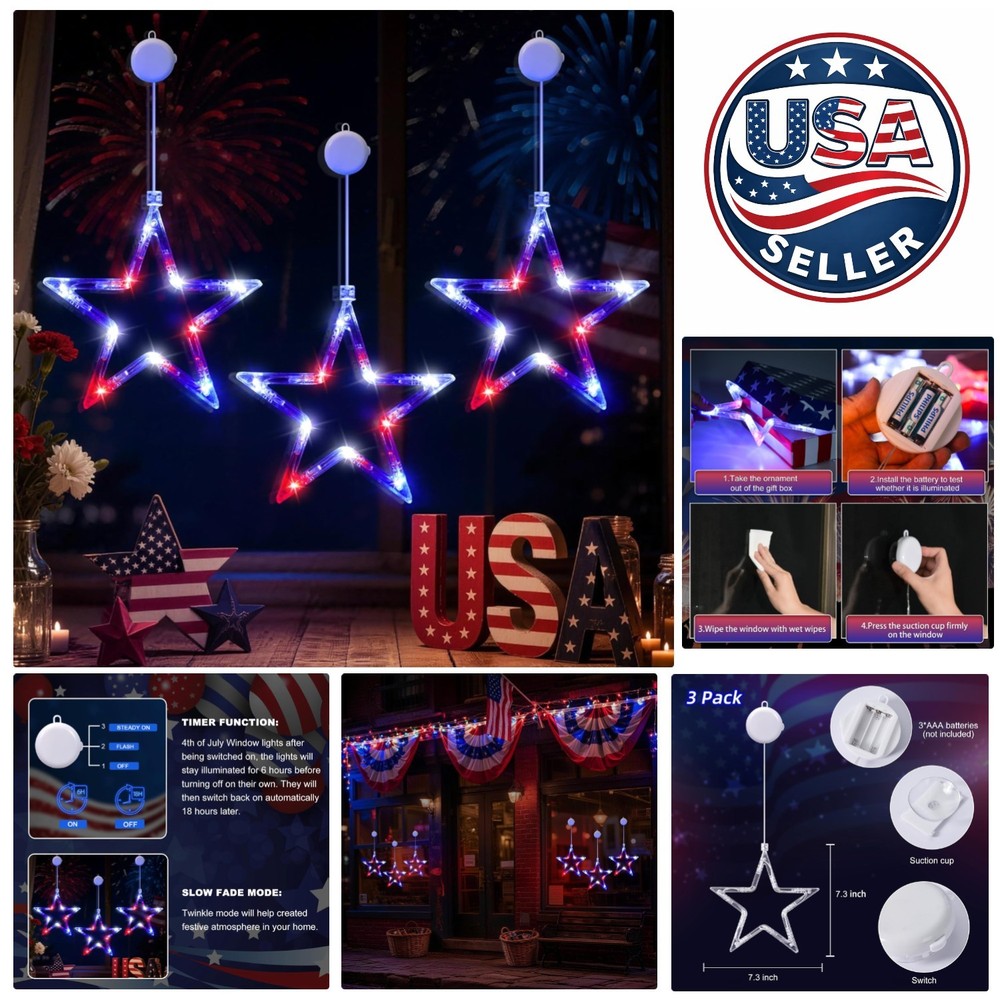 3 Pack Battery Operated 4th of July Star String Lights with Timer – Indoor Decor