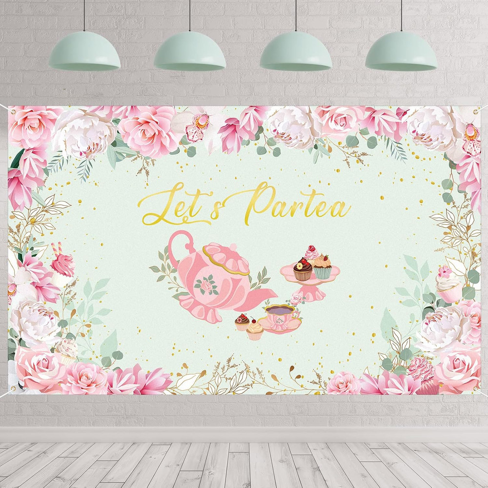 6 x 3.6 ft Tea Party Backdrop Decorations, Pink Floral Tea Decor Banner, Let’s P