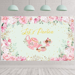 6 x 3.6 ft Tea Party Backdrop Decorations, Pink Floral Tea Decor Banner, Let’s P