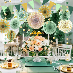 Sage Green Gold Party Decorations, Paper Fans Honeycomb Balls Circle Garlands fo