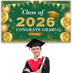 Graduation Decorations Congrats Grad Class of 2026 Backdrop – Green and Gold Gra