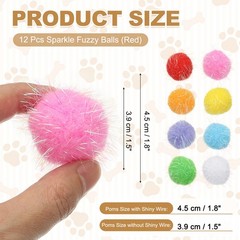 12Pcs 1.8 Inch Sparkle Flash Balls Pet Cat Pom Pom Fuzzy Balls Pink]