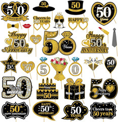 30Pcs Photo Booth Props, Black & Gold 50Th Anniversary Decorations, Happy 50Th W