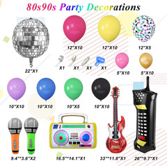 80s 90s Theme Party Decorations, 90Pcs Balloon Garland Kit 6PCS Disco Ball Radio