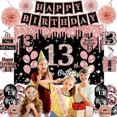 13Th Birthday Decorations for Girls,51Pcs PRE-STRUNG Rose Gold Black Party Set-1