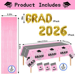 7-Pack Graduation Party Decorations Set, 3 Pink Graduation Tablecloths 54X108In,