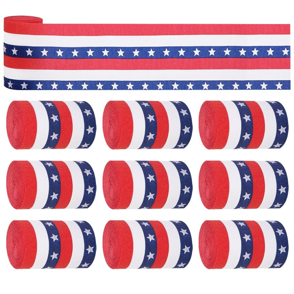 10 Pack Reusable Patriotic Crepe Paper Ribbon Rolls Red White Blue Streamers