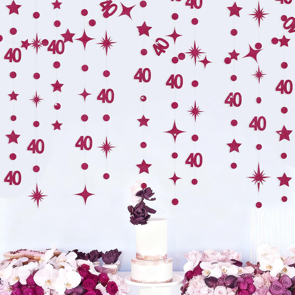 Burgundy 40Th Birthday Decorations Number 40 Circle Dot Star Garland Glitter Str