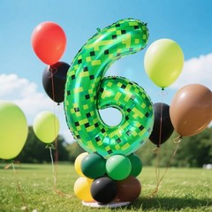 40in Pixel Giant Number 6 Balloon Decorations, Miner Theme Green Foil Balloon…