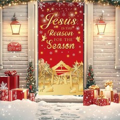 Christmas Door Cover for Front Door – Red and Gold Nativity Scene Xmas Decora…