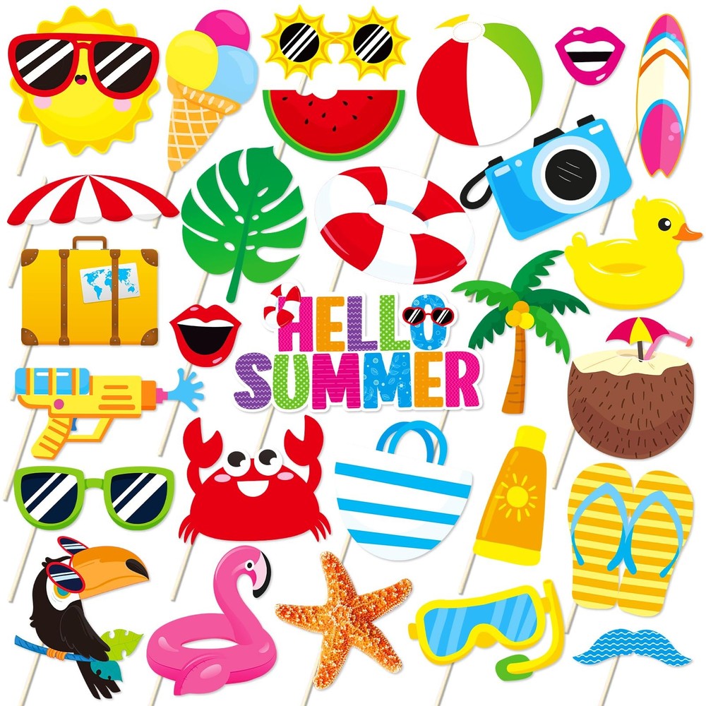 Summer Pool Beach Photo Booth Props 30 Pack Pool, Hawaiian, Beach, Medium