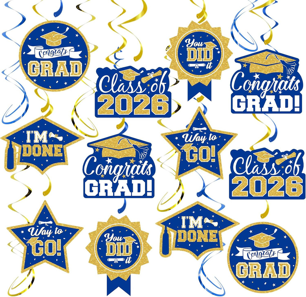 2026 Graduation Party Decorations – 30 Pcs Blue Gold Class of 2026 Congrats Grad