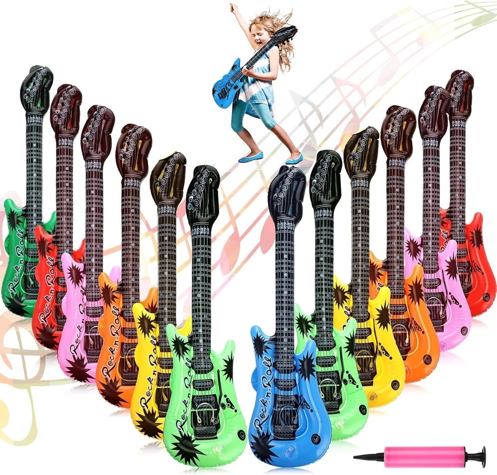 12-Pack Inflatable Blow-up Electric Guitars Assorted Colors 35in Birthday Party