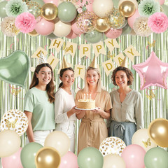 Pink and Green Birthday Decorations, Sage Green Pink Sand White Gold Balloons Ha