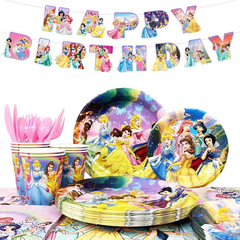 DISNEY Princess Party Decorations 126Pcs Tableware Plates Tablecloth Banner Cups