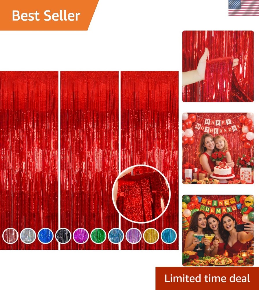 Red Foil Fringe Curtain Father’s Day Decorations 3 Pack 3.2 x 8.2 ft Shiny Ti…
