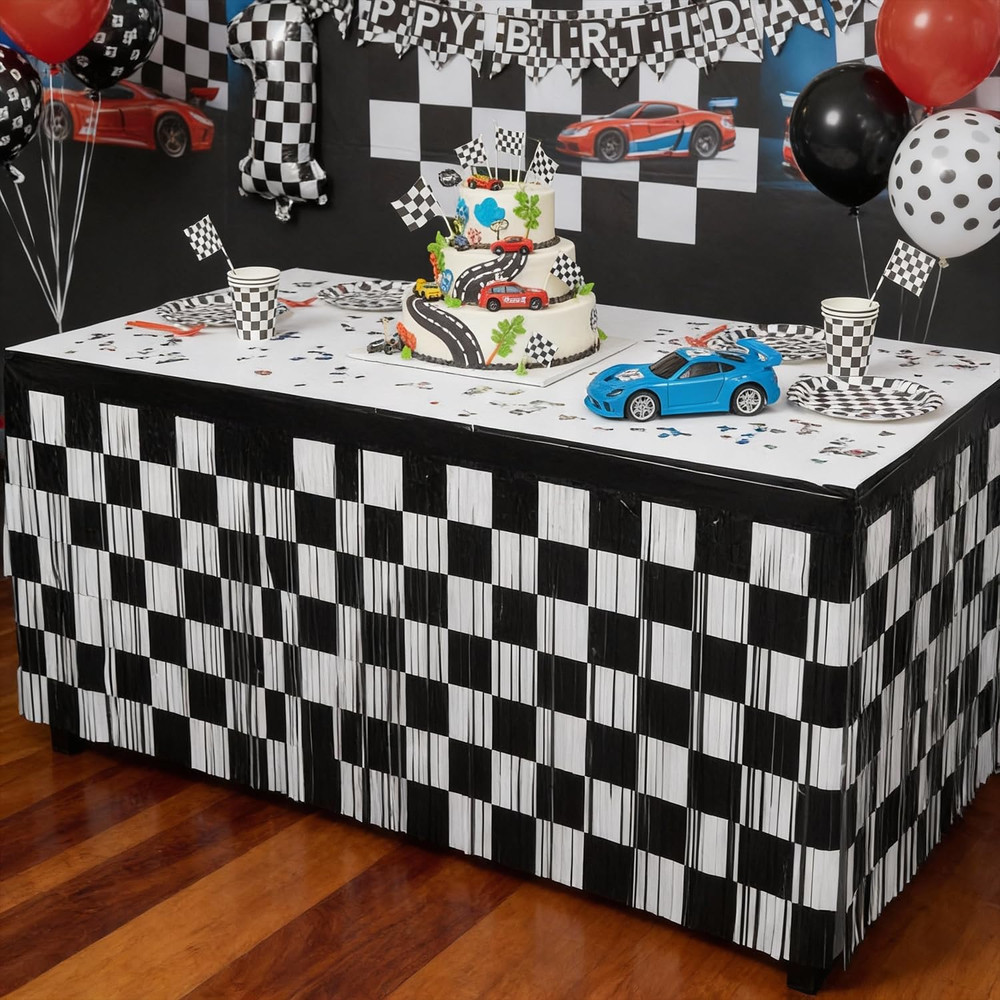 Race Car Metallic Foil Tinsel Fringe Table Skirt Birthday Party Decorations, 2 P