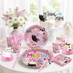 213Pcs Cat Birthday Decorations, Complete Paper Tableware Set Includes 350Gsm Pl