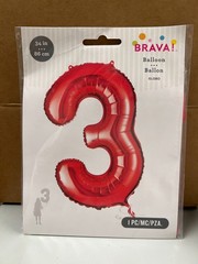 BRAVA! Number “3” Single PC 34” Foil Balloon – Red