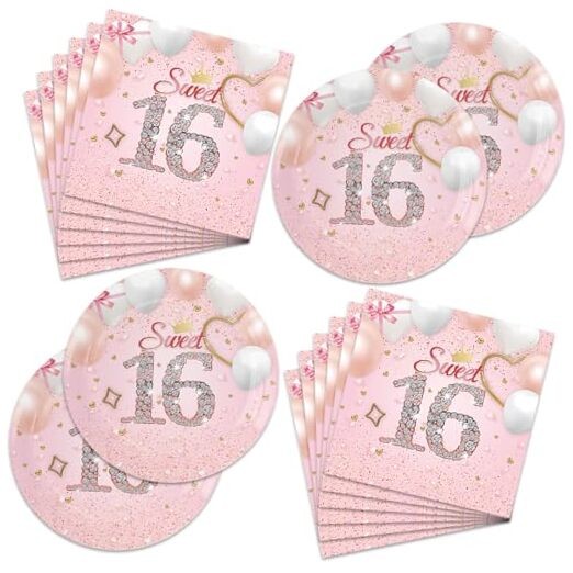 40PCS Sweet 16 Party Decorations – Girls Pink Sweet 16th Birthday Plates and 15