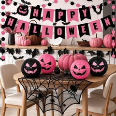 70PCS Halloween Decorations Set – Banner, Paper Lanterns & Fans, Spiderweb Table