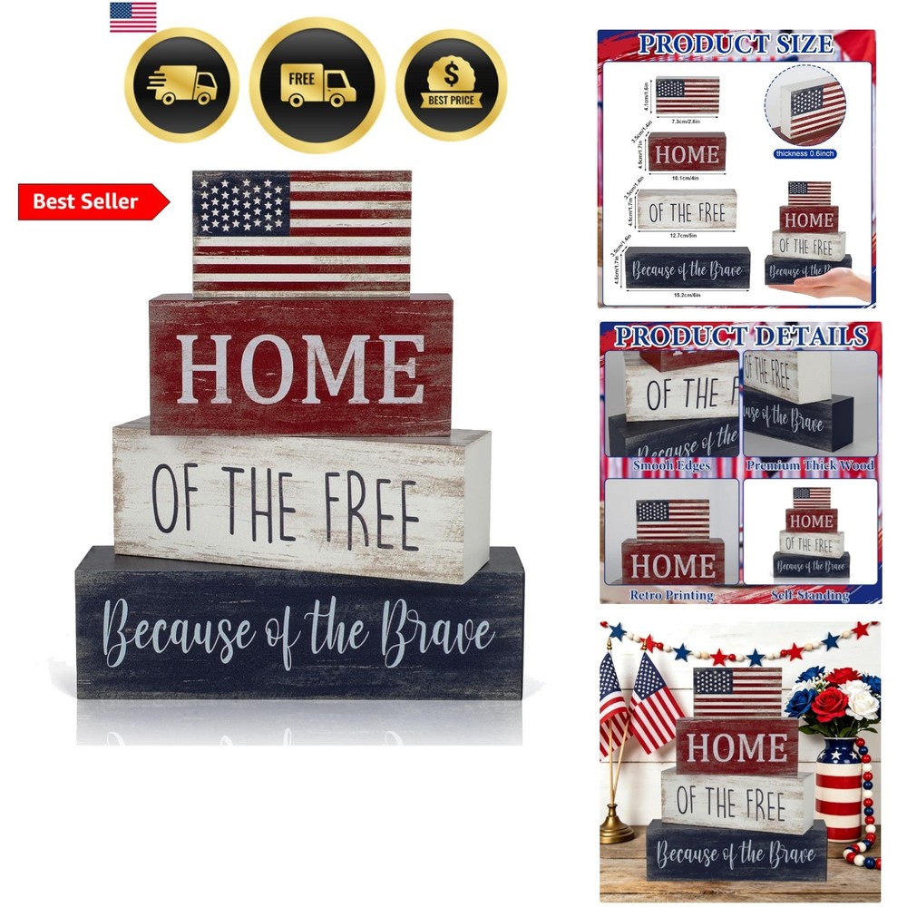 4th of July Decorations, 4 Sets Patriotic Wooden Block Table Centerpieces, Re…
