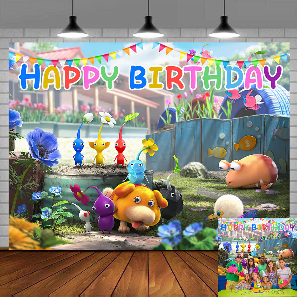Pikmin Party Supplies Birthday Decoration Backdrop Banner Cartoon for Kids 7x5ft