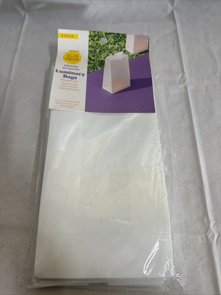 Sun Squad Indoor/Outdoor Luminary Bags White Reusable Resin 6 Pack 10”x 5”x3”