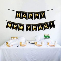 Fecedy Black Gold Happy New Year Banner for 2 Count (Pack of 1), Multicolor