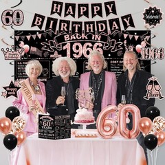 60th Birthday Decorations Kit – Rose Gold & Black, Happy 60th Banner, Crown, Sas