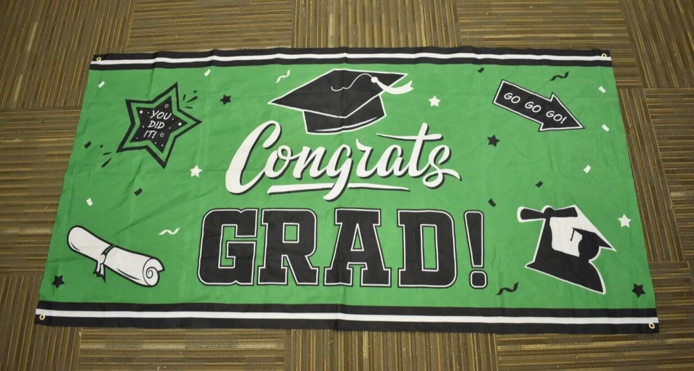 Congrats Grad 2023 Graduation Party Banner Flag Green/Black/White 73″ x 39″