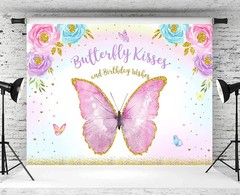 Butterfly Happy Birthday Backdrop, Butterfly Kisses and Birthday Wishes, 5 x 3ft