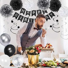 Black Silver White Birthday Decor Set Balloons Banner Garland Party Supplies New